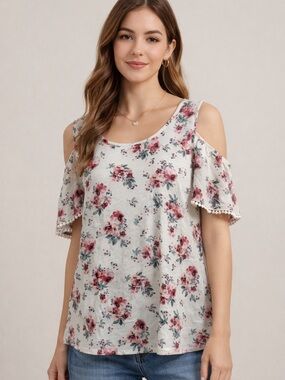 Lily White Floral Cold Shoulder Top Size Large
